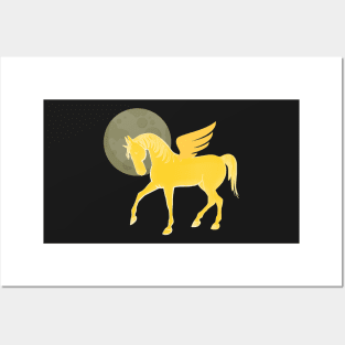 Golden Unicorn, Beautiful Unicorn, Wings, Moon, Pegasus Posters and Art